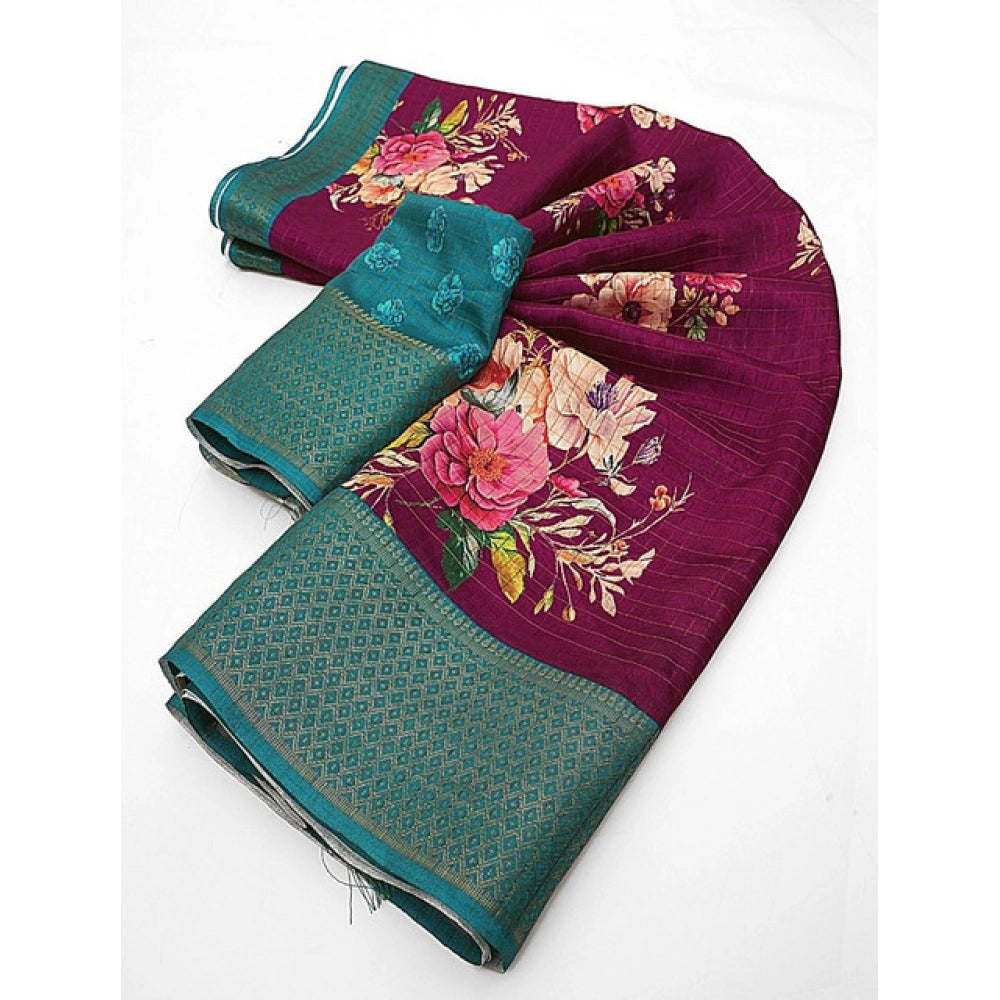 Women's Cotton Blend Floral Printed Saree With Unstitched Blouse 5.5Mtr (Maroon)