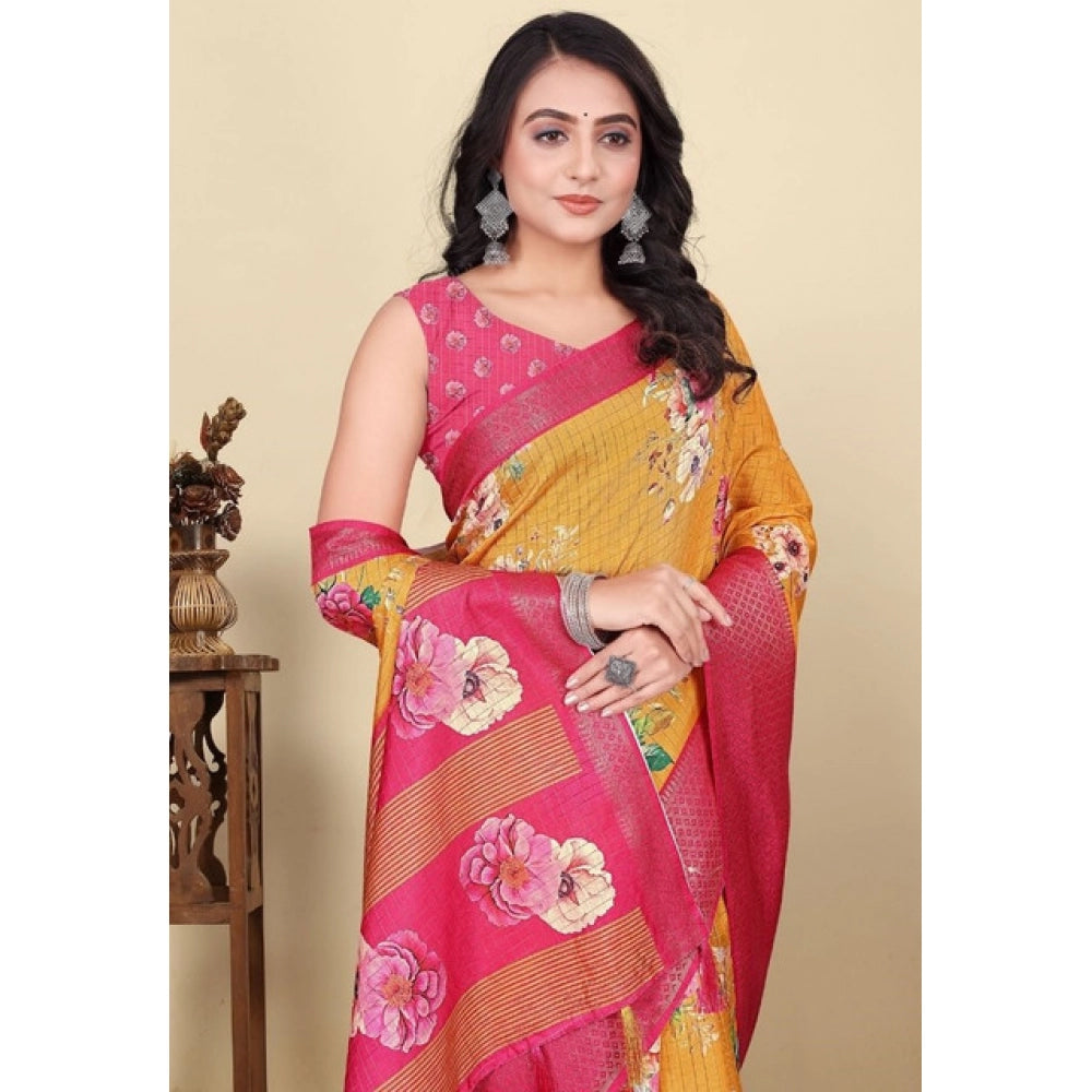 Women's Cotton Blend Floral Printed Saree With Unstitched Blouse 5.5Mtr (Yellow)