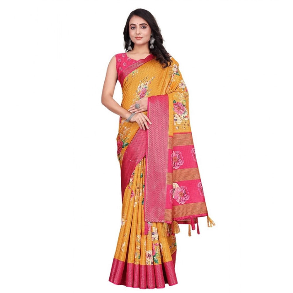 Women's Cotton Blend Floral Printed Saree With Unstitched Blouse 5.5Mtr (Yellow)
