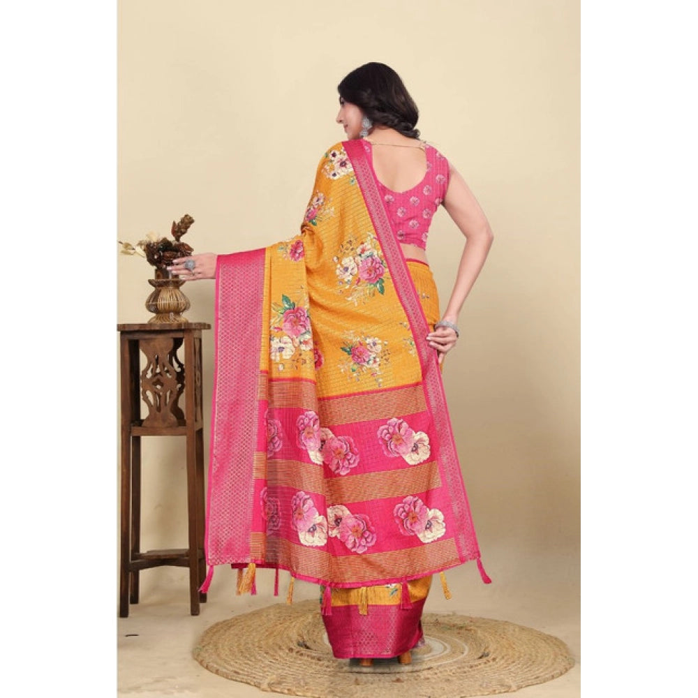 Women's Cotton Blend Floral Printed Saree With Unstitched Blouse 5.5Mtr (Yellow)