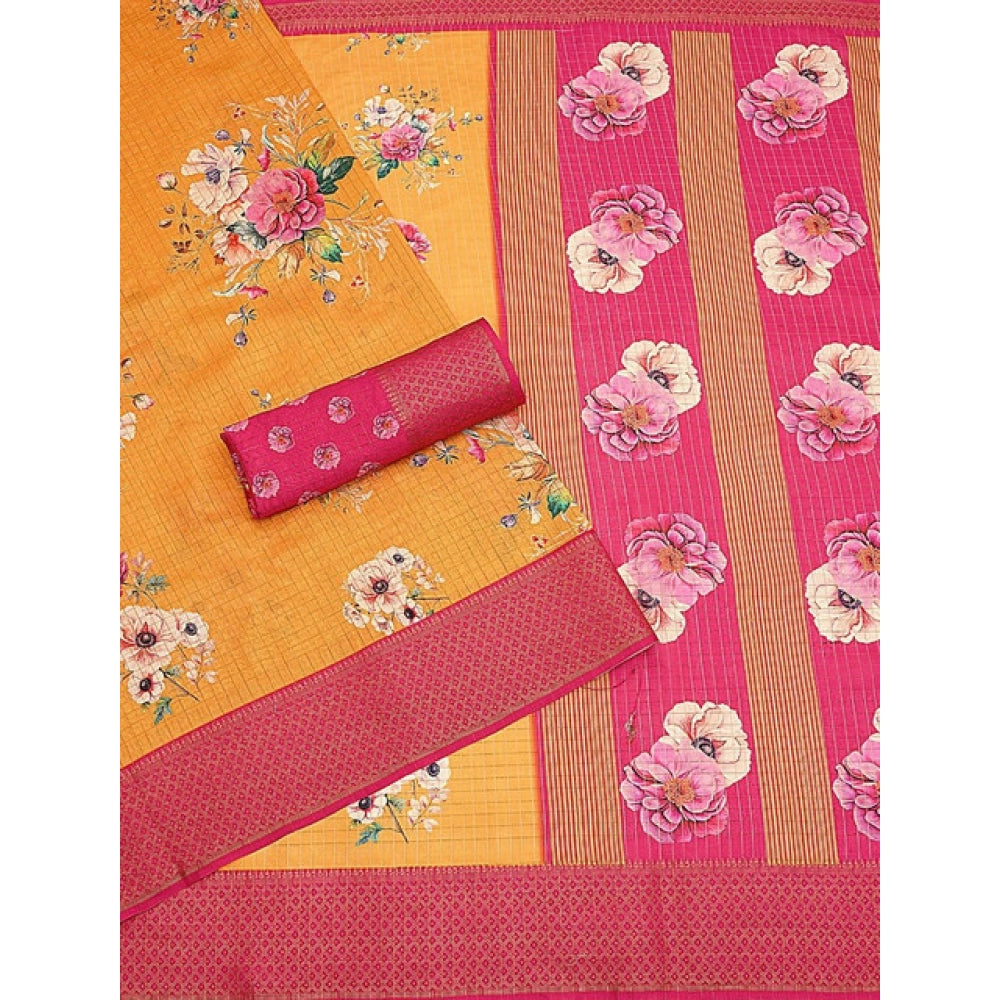 Women's Cotton Blend Floral Printed Saree With Unstitched Blouse 5.5Mtr (Yellow)