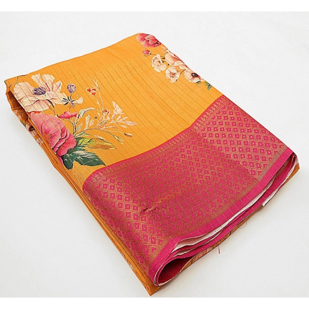 Women's Cotton Blend Floral Printed Saree With Unstitched Blouse 5.5Mtr (Yellow)