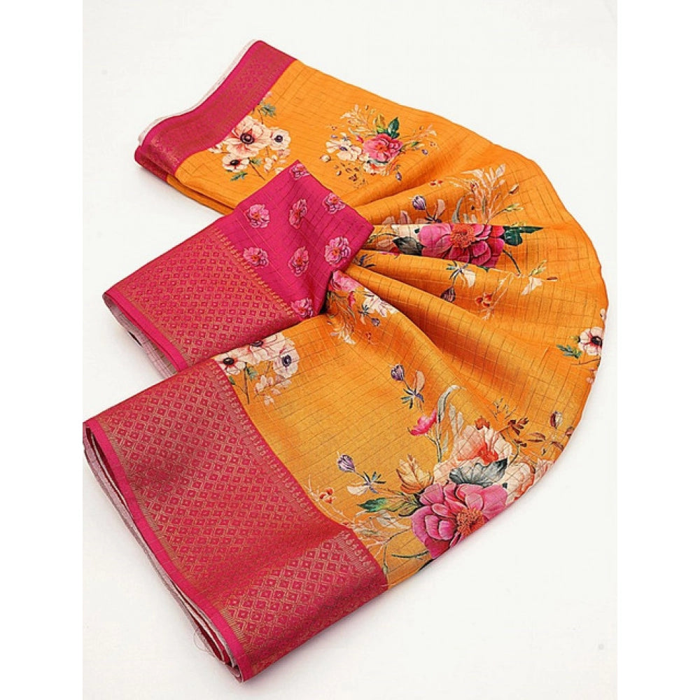 Women's Cotton Blend Floral Printed Saree With Unstitched Blouse 5.5Mtr (Yellow)