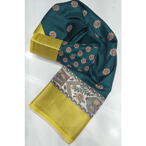 Women's Cotton Silk Printed Saree With Unstitched Blouse 5.5Mtr (Green)