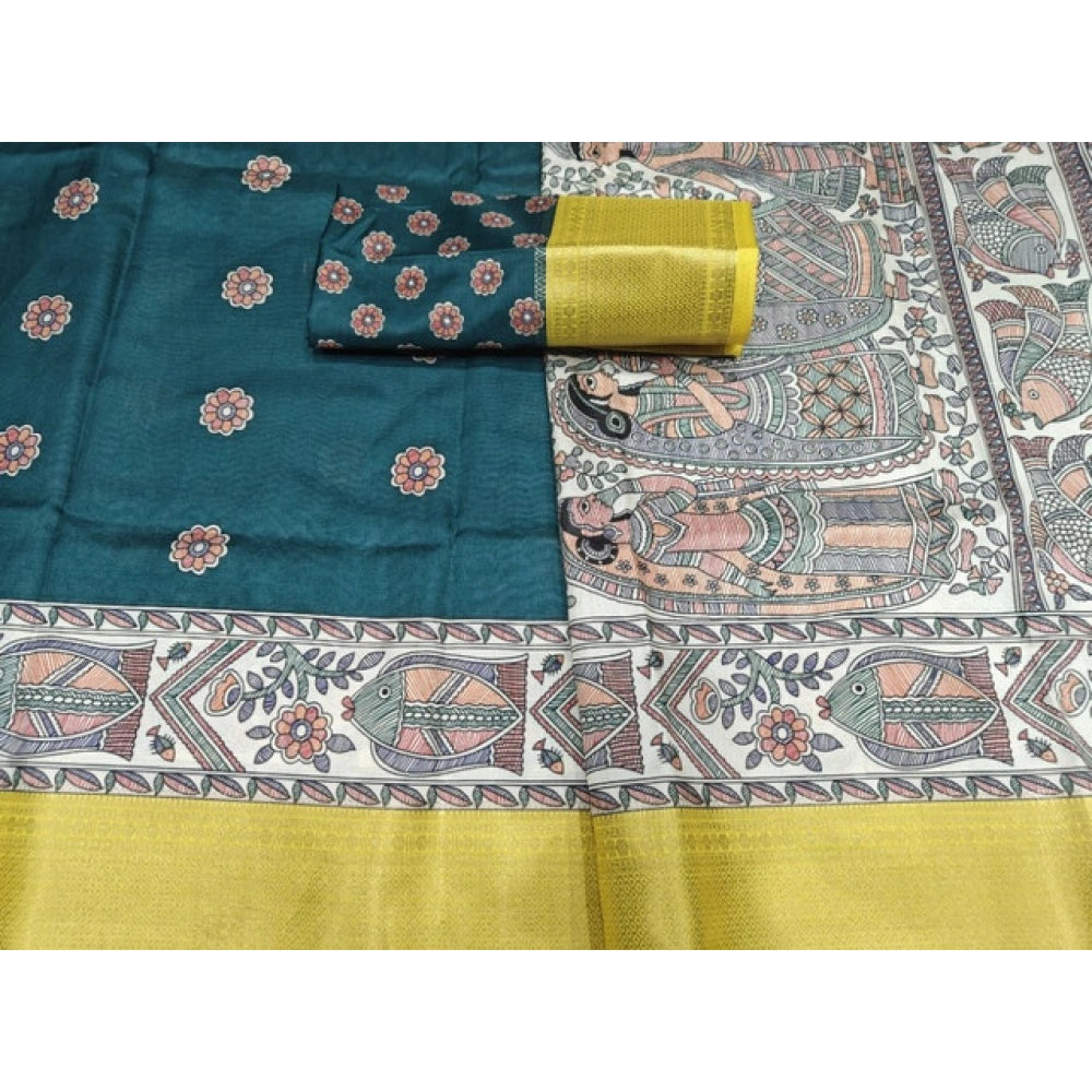 Women's Cotton Silk Printed Saree With Unstitched Blouse 5.5Mtr (Green)