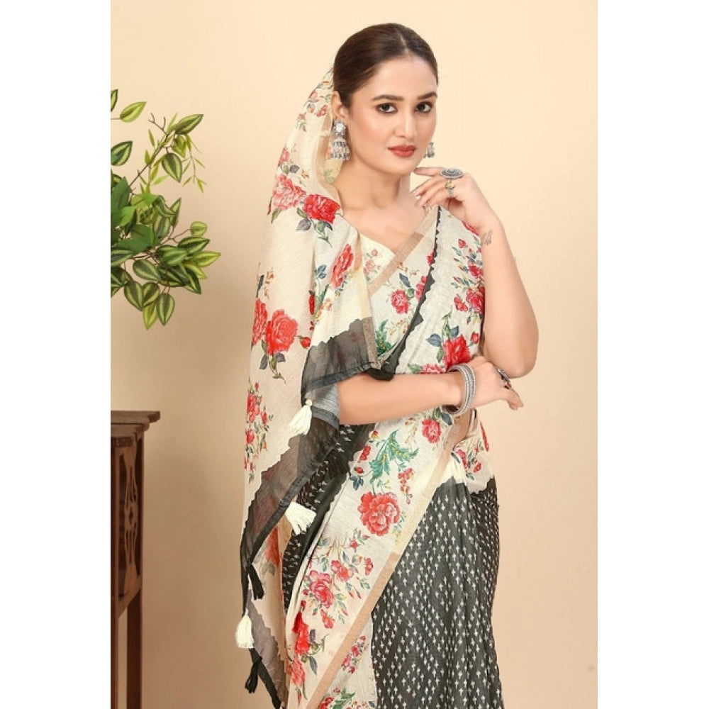 Women's Chanderi Floral Printed Saree With Unstitched Blouse 5.5Mtr (Black)