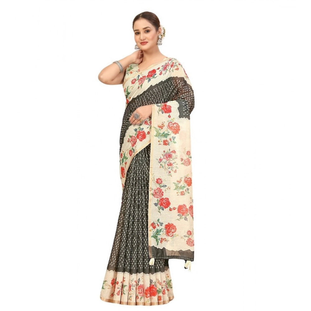 Women's Chanderi Floral Printed Saree With Unstitched Blouse 5.5Mtr (Black)