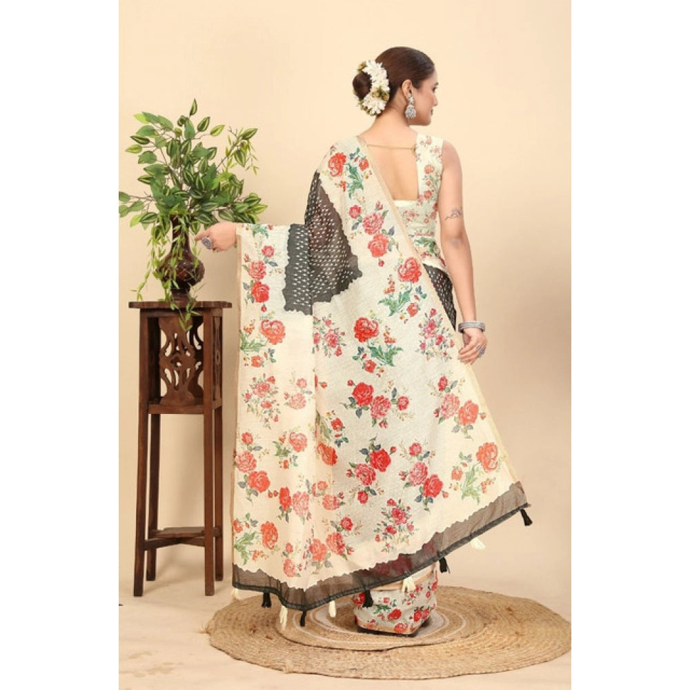 Women's Chanderi Floral Printed Saree With Unstitched Blouse 5.5Mtr (Black)
