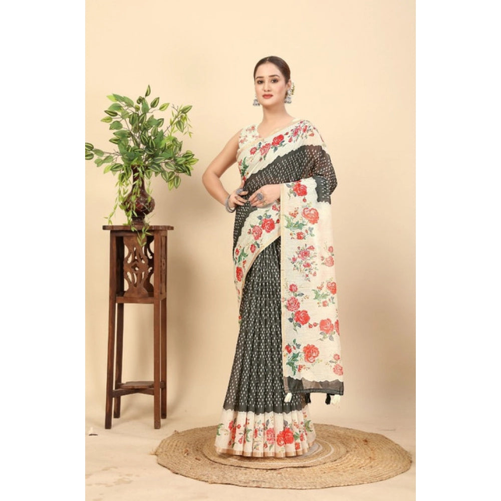 Women's Chanderi Floral Printed Saree With Unstitched Blouse 5.5Mtr (Black)