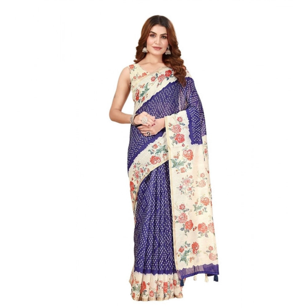 Women's Cotton Silk Floral Printed Saree With Unstitched Blouse 5.5Mtr (Blue)