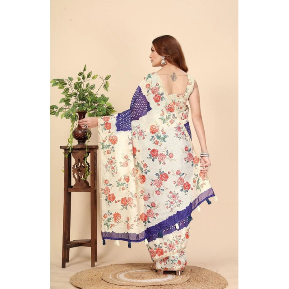 Women's Cotton Silk Floral Printed Saree With Unstitched Blouse 5.5Mtr (Blue)