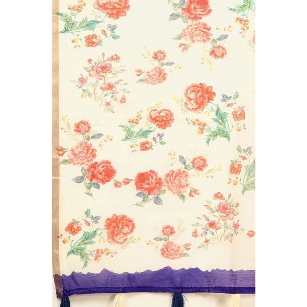 Women's Cotton Silk Floral Printed Saree With Unstitched Blouse 5.5Mtr (Blue)