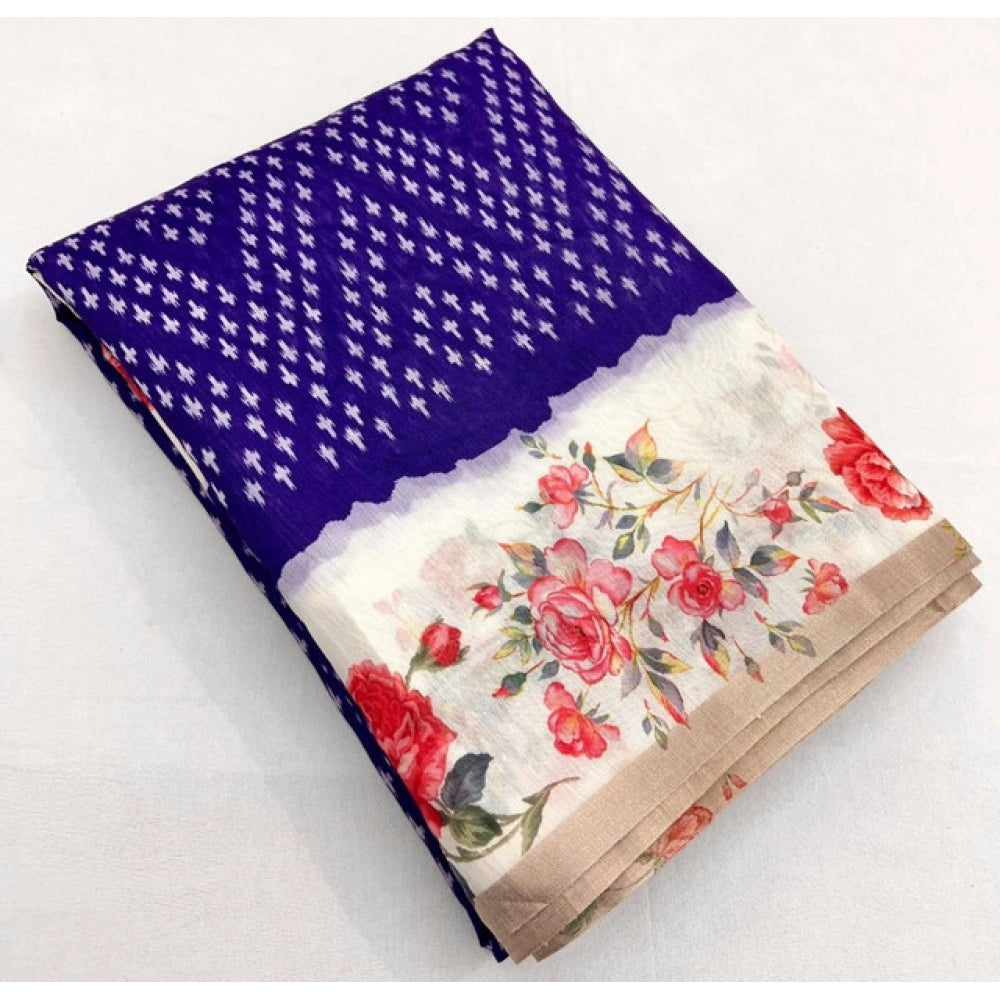 Women's Cotton Silk Floral Printed Saree With Unstitched Blouse 5.5Mtr (Blue)