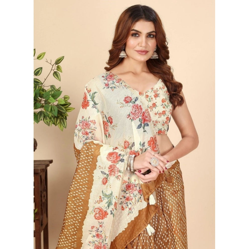 Women's Cotton Silk Floral Printed Saree With Unstitched Blouse 5.5Mtr (Brown)