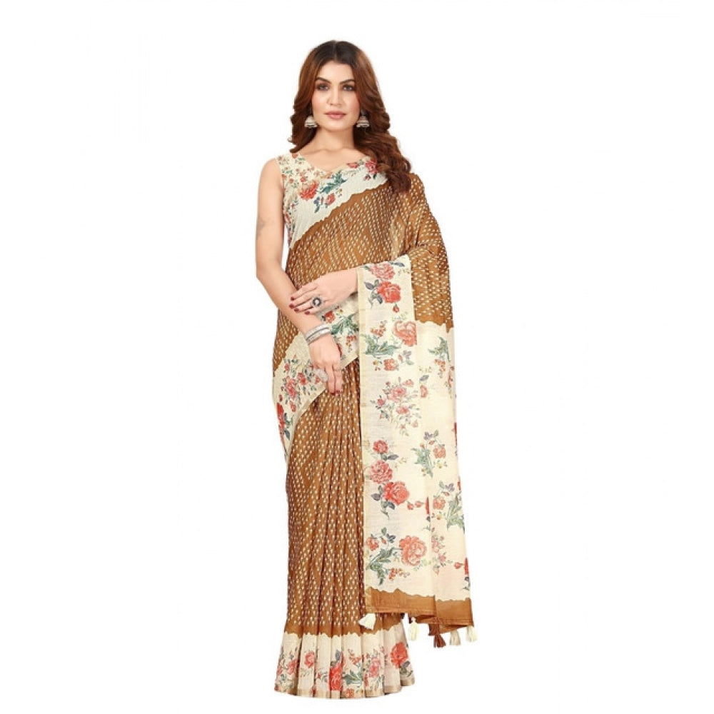 Women's Cotton Silk Floral Printed Saree With Unstitched Blouse 5.5Mtr (Brown)