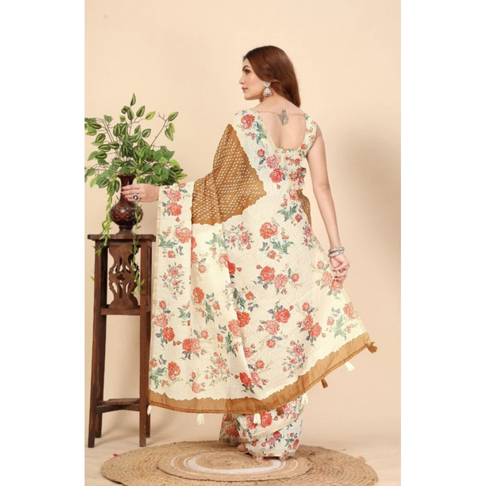 Women's Cotton Silk Floral Printed Saree With Unstitched Blouse 5.5Mtr (Brown)