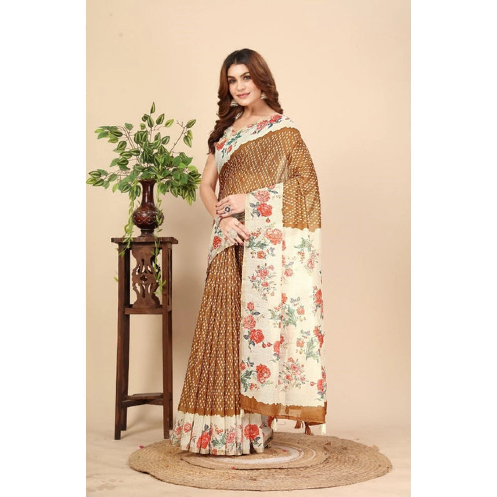 Women's Cotton Silk Floral Printed Saree With Unstitched Blouse 5.5Mtr (Brown)