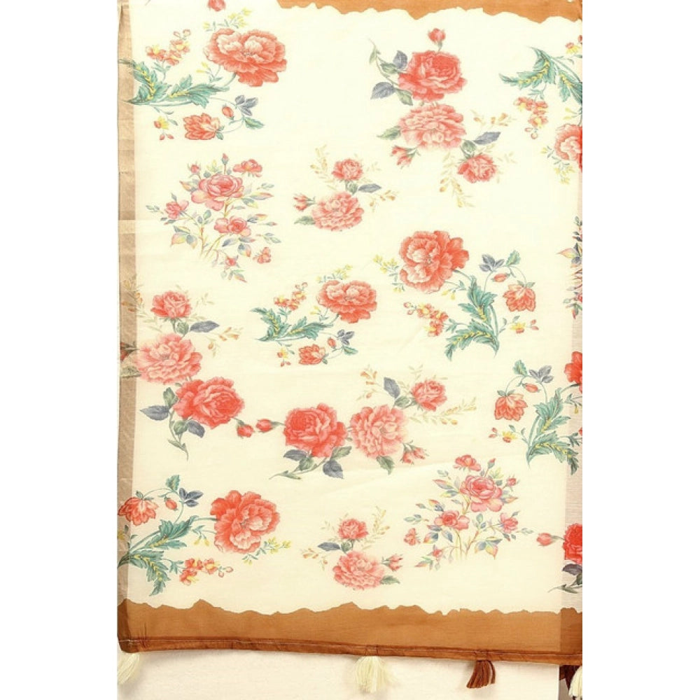 Women's Cotton Silk Floral Printed Saree With Unstitched Blouse 5.5Mtr (Brown)