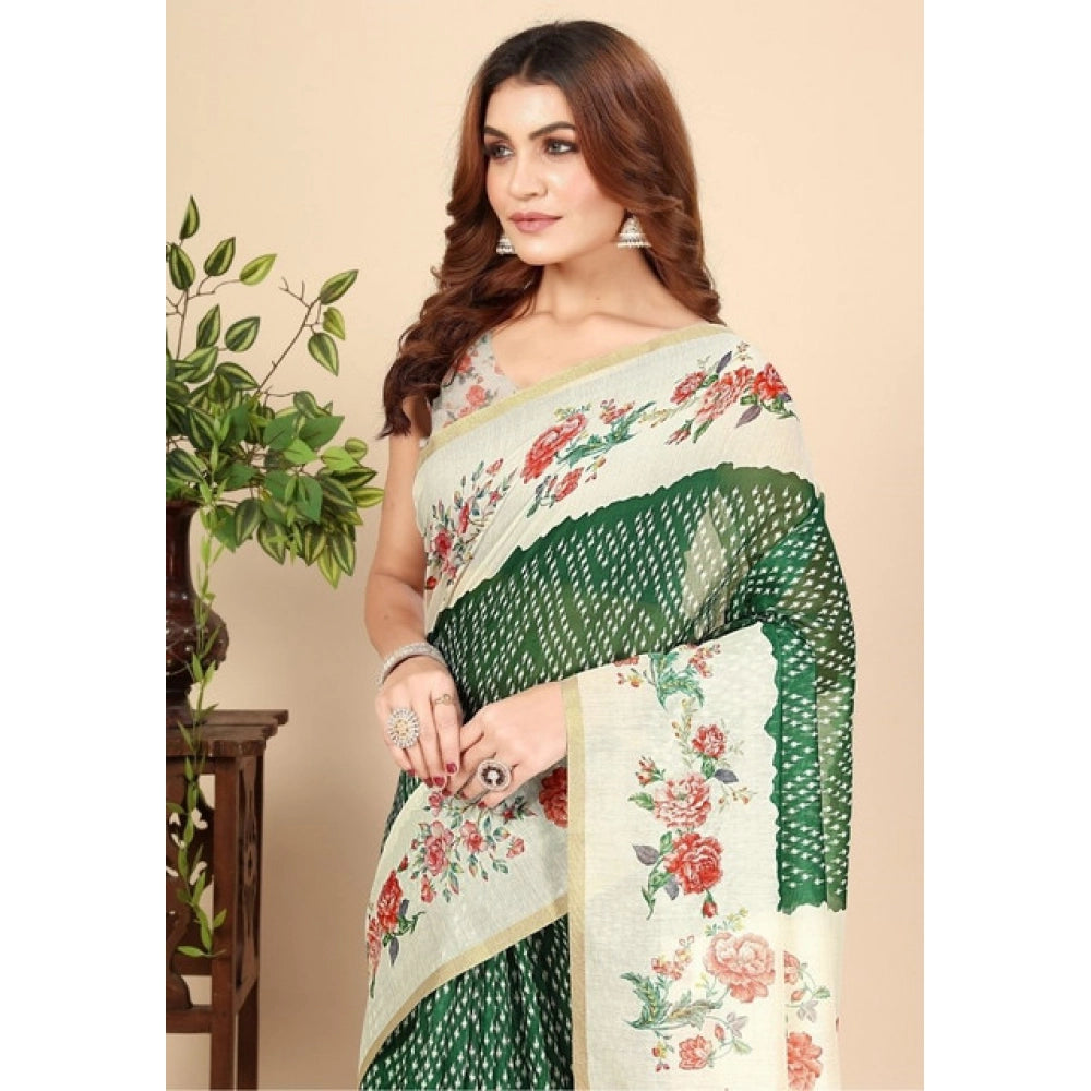 Women's Chanderi Floral Printed Saree With Unstitched Blouse 5.5Mtr (Green)