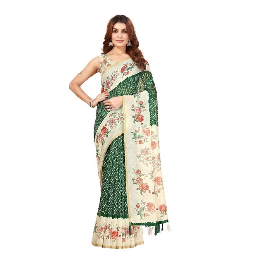 Women's Chanderi Floral Printed Saree With Unstitched Blouse 5.5Mtr (Green)