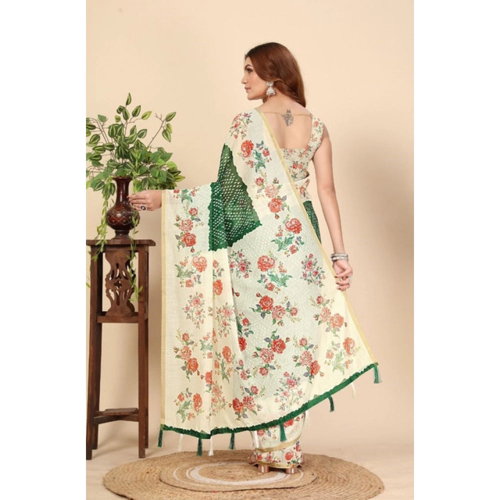 Women's Chanderi Floral Printed Saree With Unstitched Blouse 5.5Mtr (Green)
