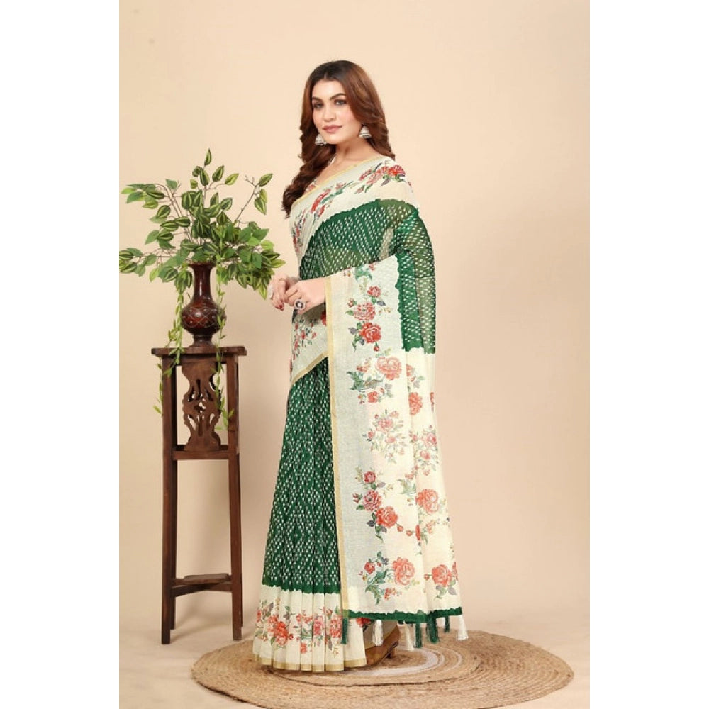 Women's Chanderi Floral Printed Saree With Unstitched Blouse 5.5Mtr (Green)