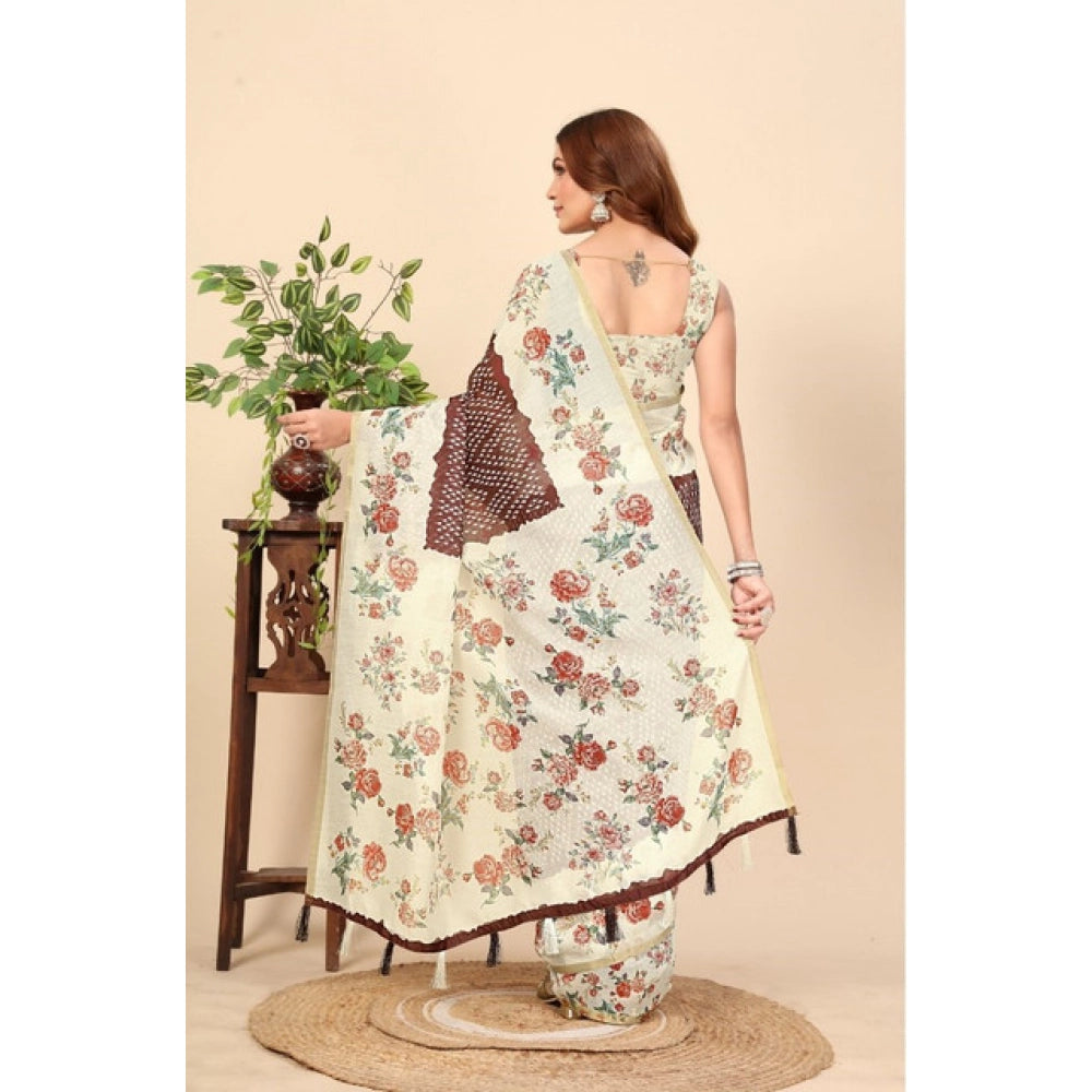 Women's Chanderi Floral Printed Saree With Unstitched Blouse 5.5Mtr (Maroon)