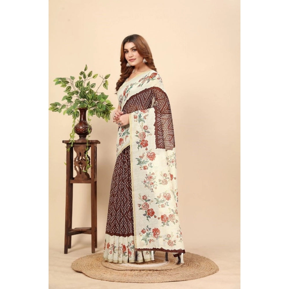 Women's Chanderi Floral Printed Saree With Unstitched Blouse 5.5Mtr (Maroon)