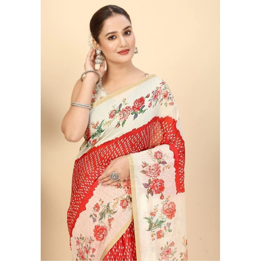 Women's Chanderi Floral Printed Saree With Unstitched Blouse 5.5Mtr (Red)
