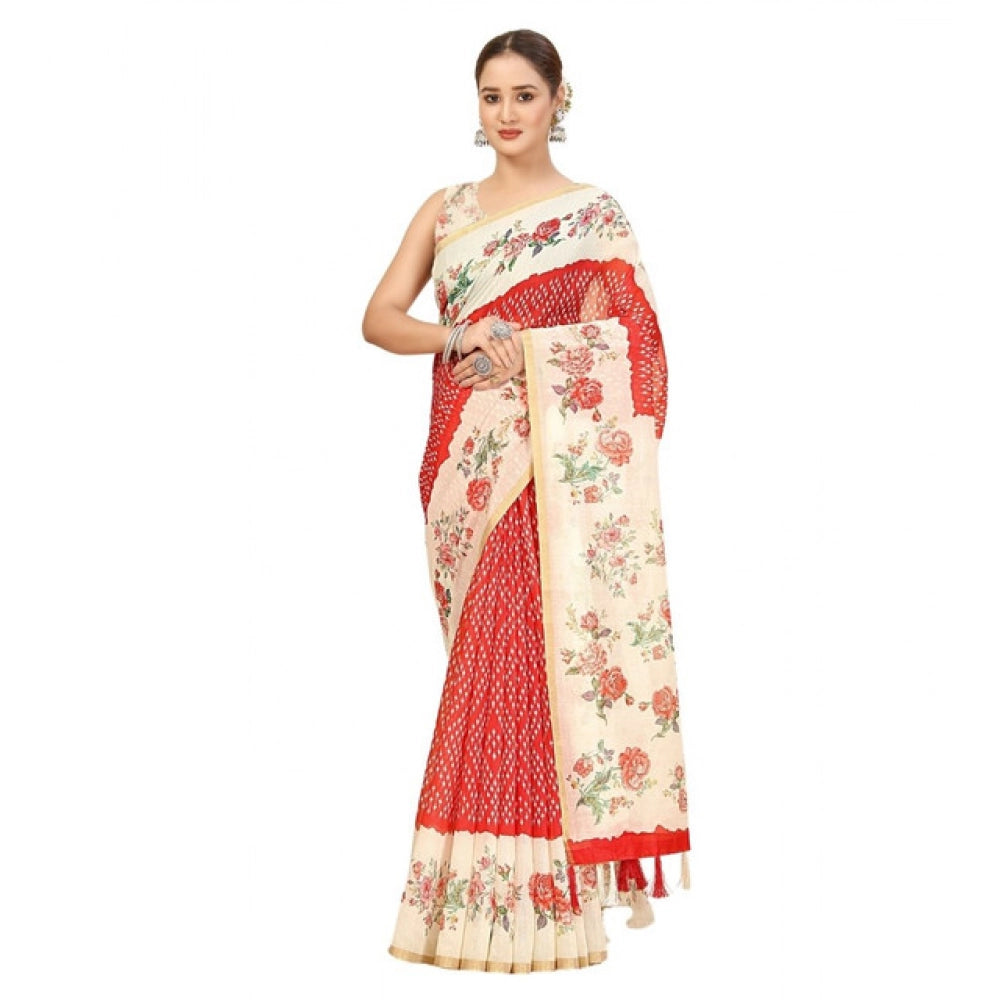 Women's Chanderi Floral Printed Saree With Unstitched Blouse 5.5Mtr (Red)
