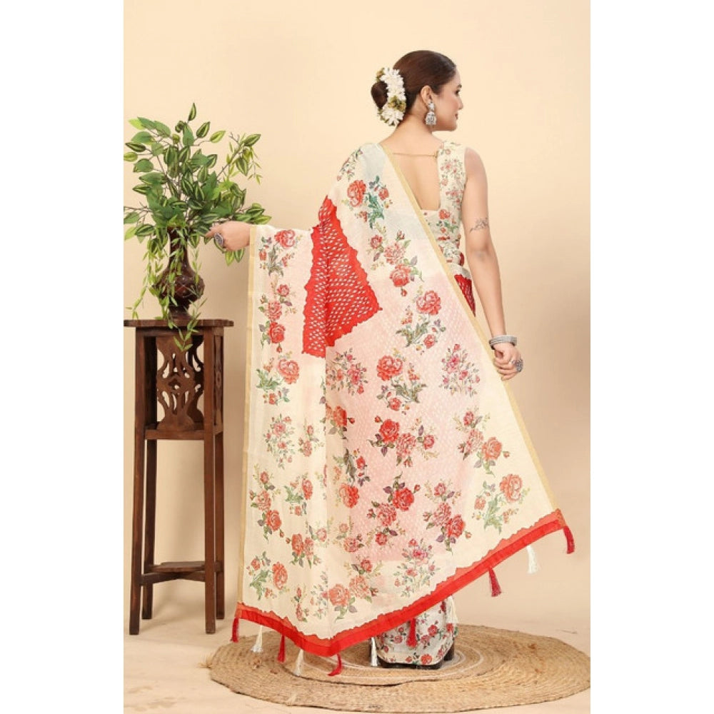 Women's Chanderi Floral Printed Saree With Unstitched Blouse 5.5Mtr (Red)