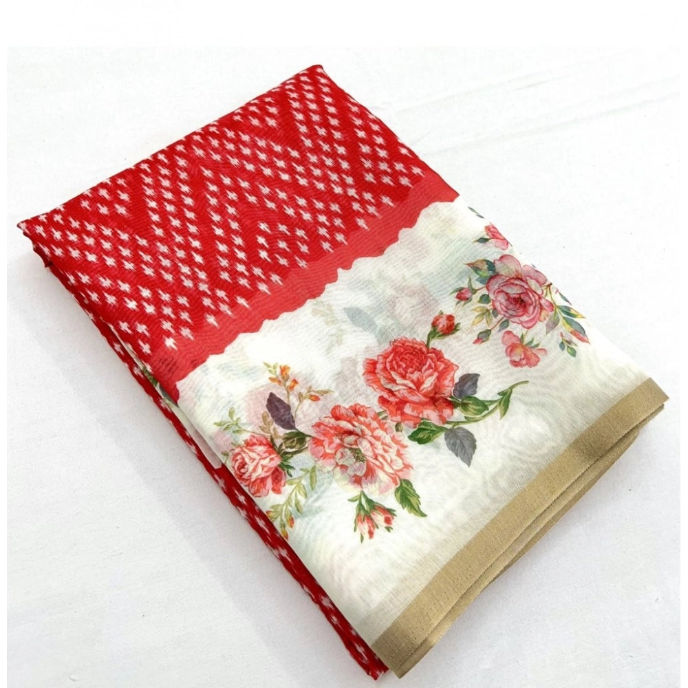 Women's Chanderi Floral Printed Saree With Unstitched Blouse 5.5Mtr (Red)