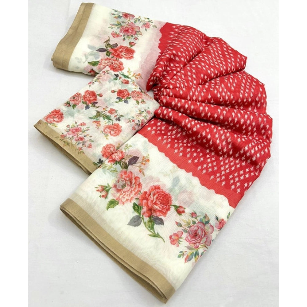 Women's Chanderi Floral Printed Saree With Unstitched Blouse 5.5Mtr (Red)