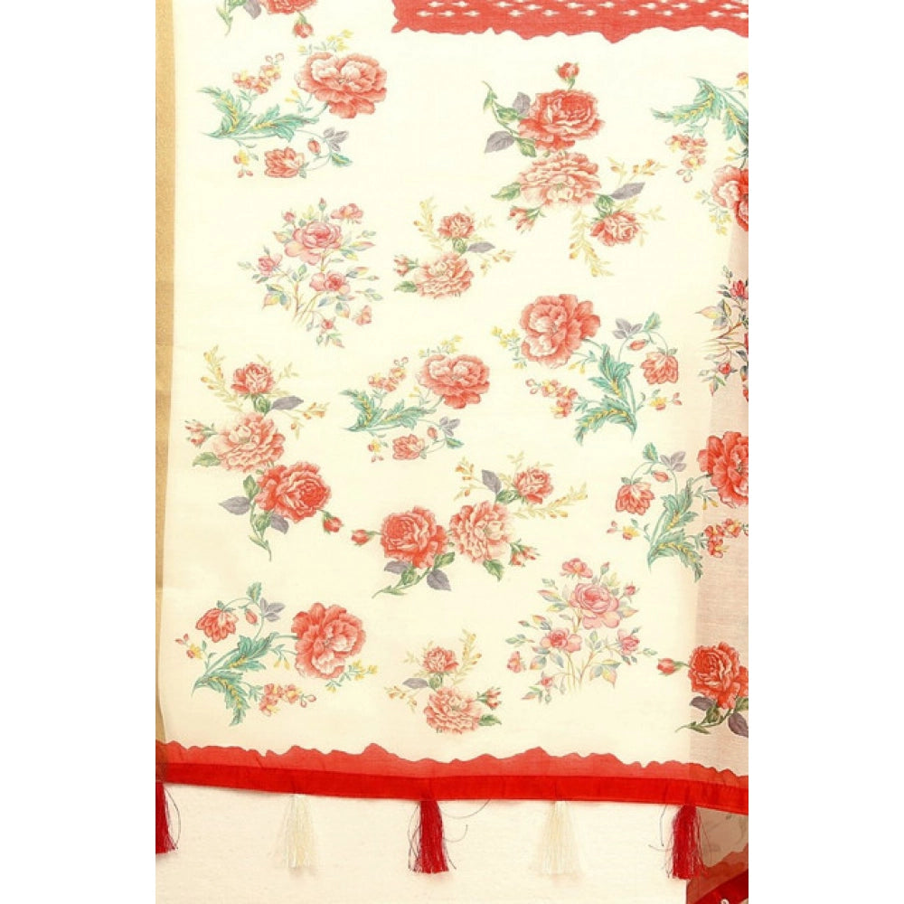 Women's Chanderi Floral Printed Saree With Unstitched Blouse 5.5Mtr (Red)