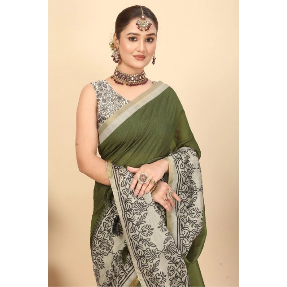 Women's Chanderi Printed Saree With Unstitched Blouse 5.5Mtr (Green)