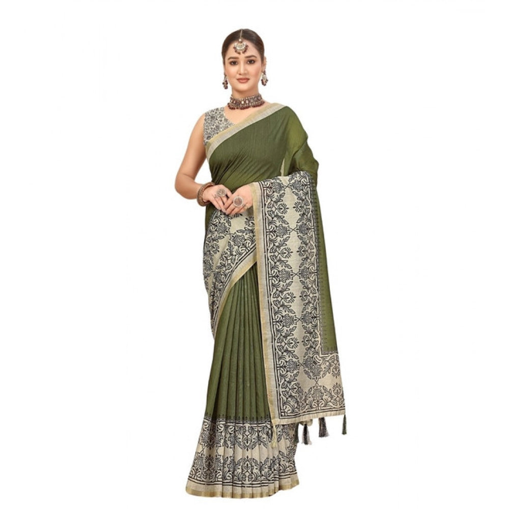 Women's Chanderi Printed Saree With Unstitched Blouse 5.5Mtr (Green)