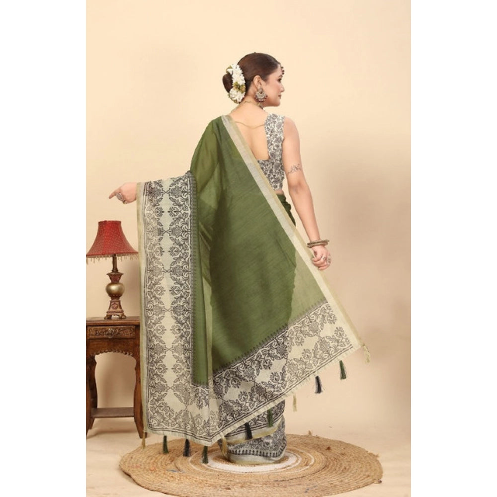 Women's Chanderi Printed Saree With Unstitched Blouse 5.5Mtr (Green)