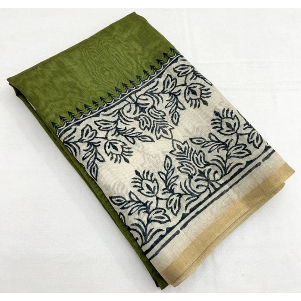 Women's Chanderi Printed Saree With Unstitched Blouse 5.5Mtr (Green)