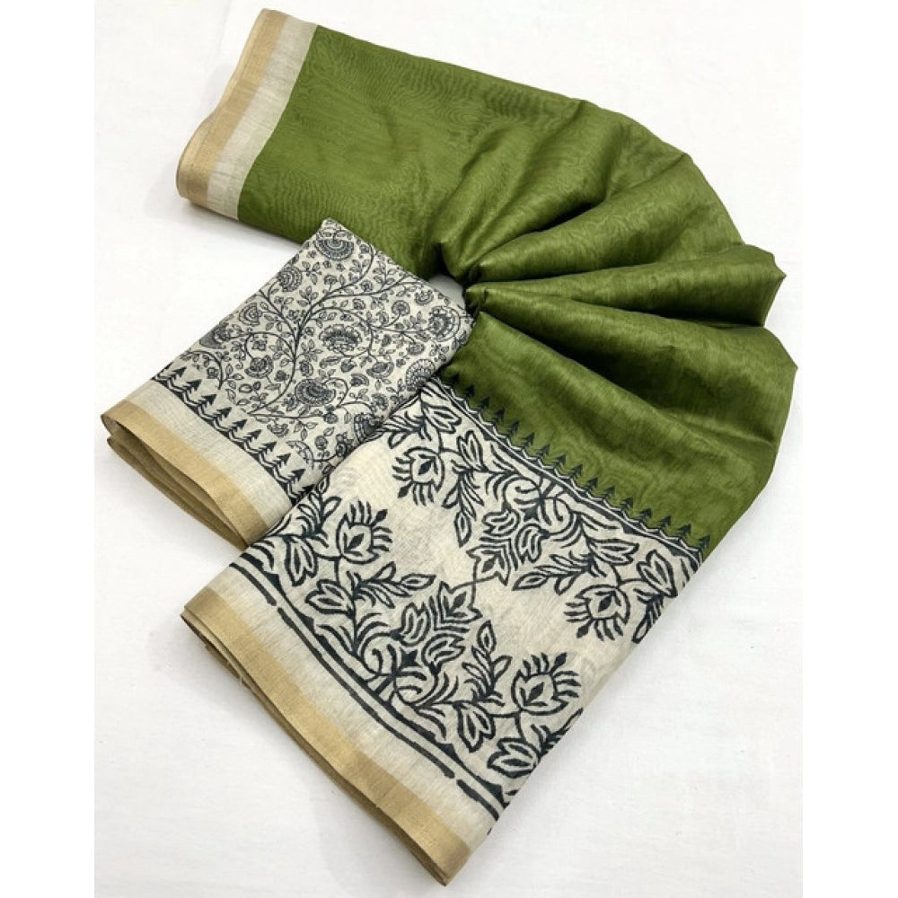 Women's Chanderi Printed Saree With Unstitched Blouse 5.5Mtr (Green)