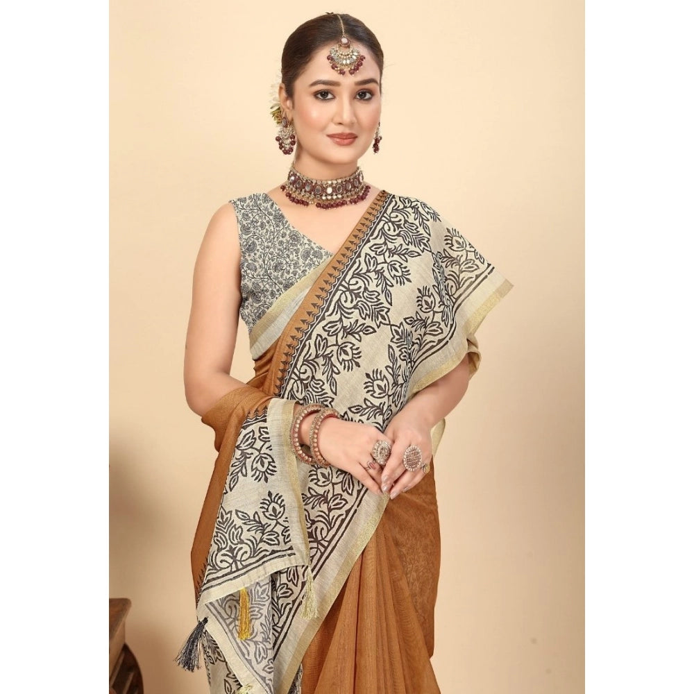 Women's Chanderi Printed Saree With Unstitched Blouse 5.5Mtr (Brown)