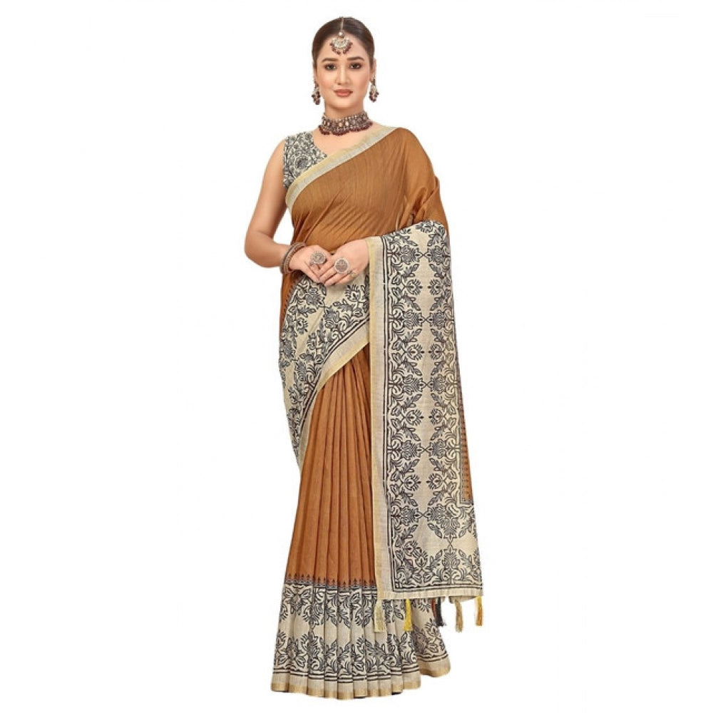 Women's Chanderi Printed Saree With Unstitched Blouse 5.5Mtr (Brown)