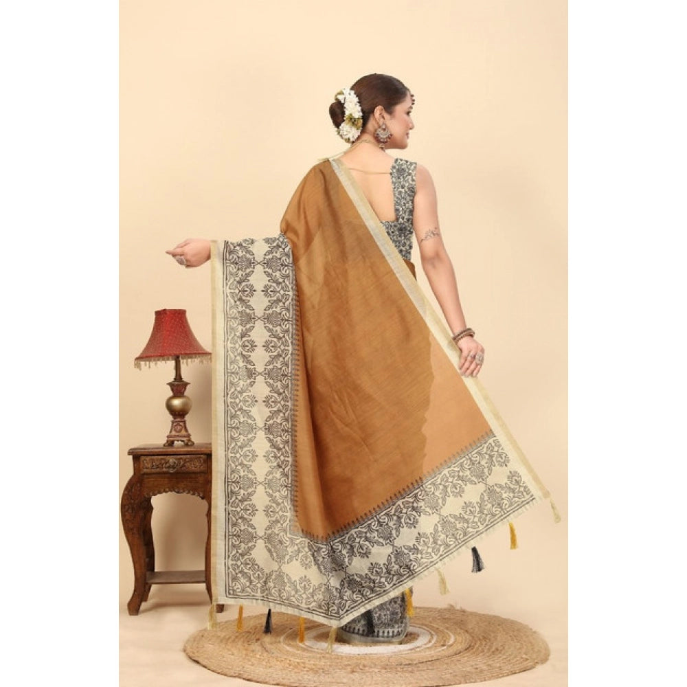 Women's Chanderi Printed Saree With Unstitched Blouse 5.5Mtr (Brown)