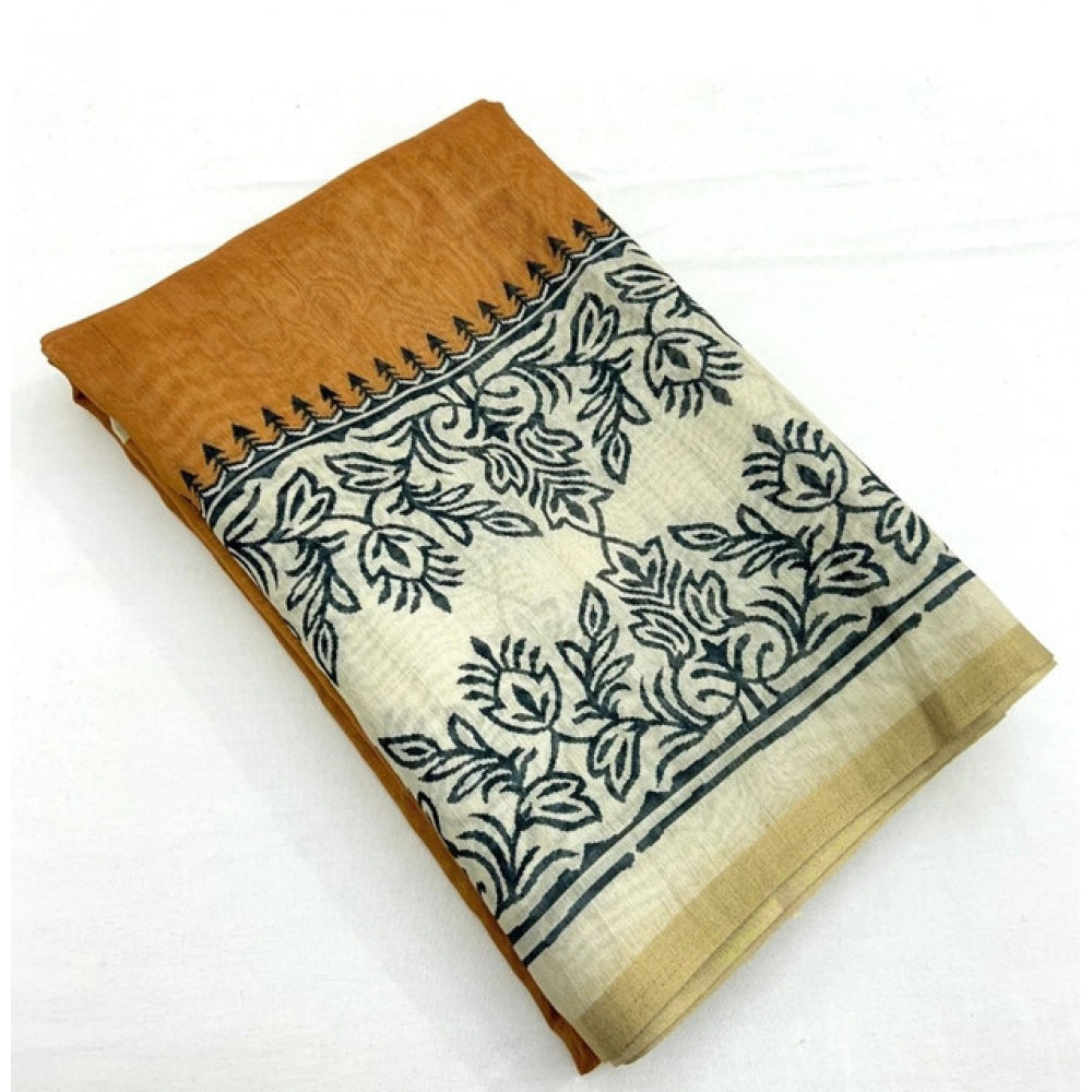 Women's Chanderi Printed Saree With Unstitched Blouse 5.5Mtr (Brown)