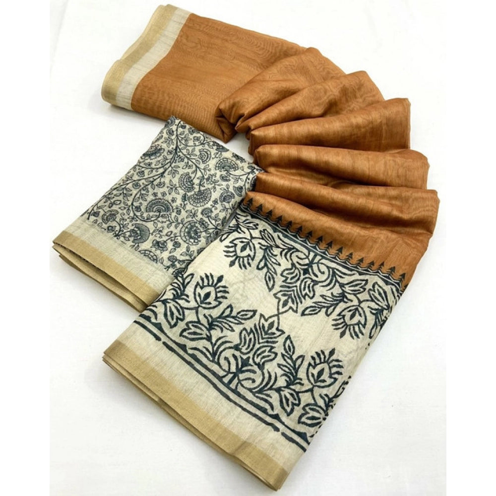 Women's Chanderi Printed Saree With Unstitched Blouse 5.5Mtr (Brown)