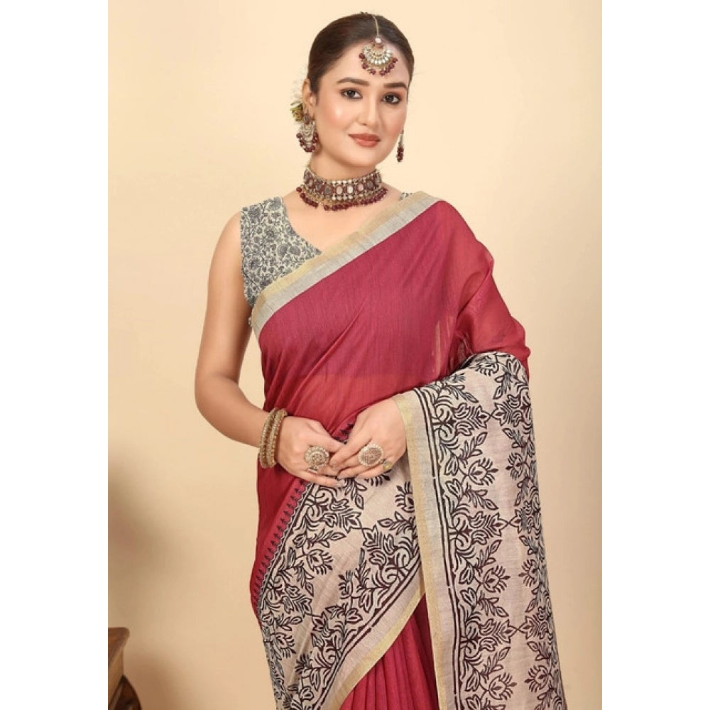Women's Chanderi Printed Saree With Unstitched Blouse 5.5Mtr (Pink)