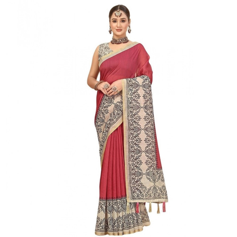 Women's Chanderi Printed Saree With Unstitched Blouse 5.5Mtr (Pink)