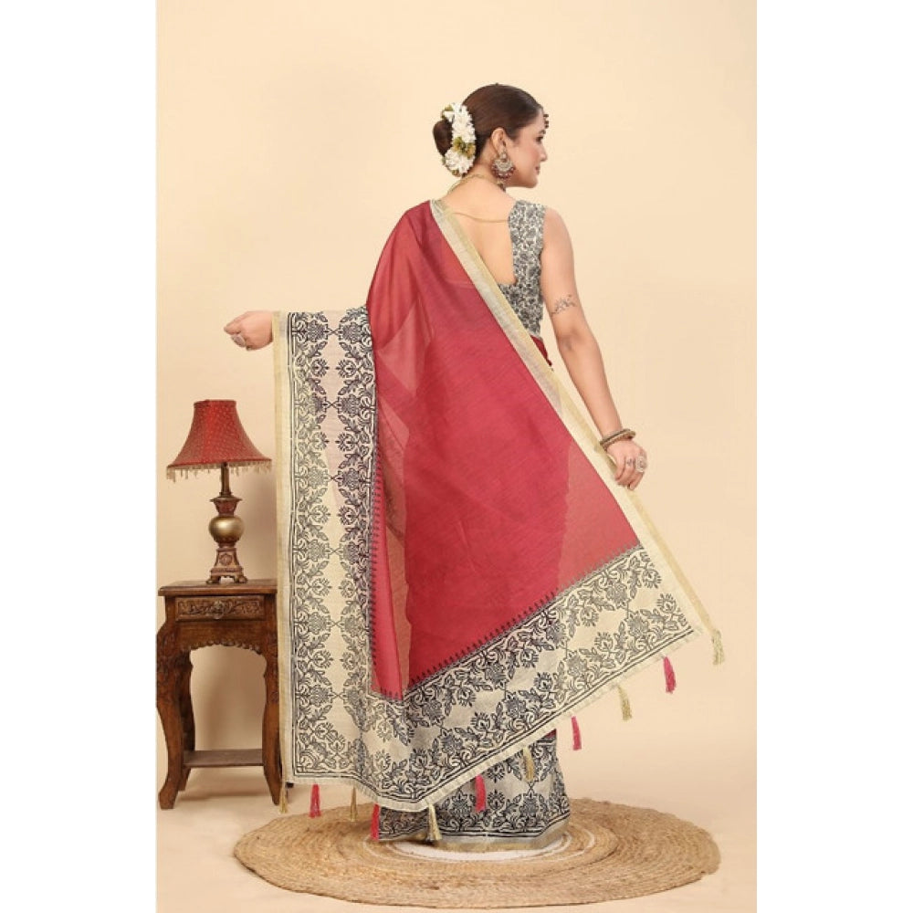 Women's Chanderi Printed Saree With Unstitched Blouse 5.5Mtr (Pink)