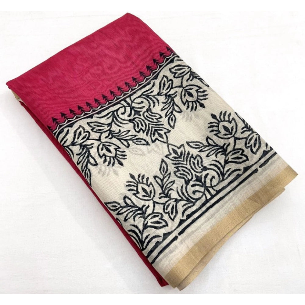 Women's Chanderi Printed Saree With Unstitched Blouse 5.5Mtr (Pink)