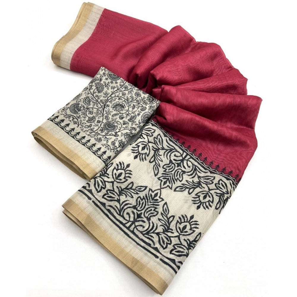 Women's Chanderi Printed Saree With Unstitched Blouse 5.5Mtr (Pink)