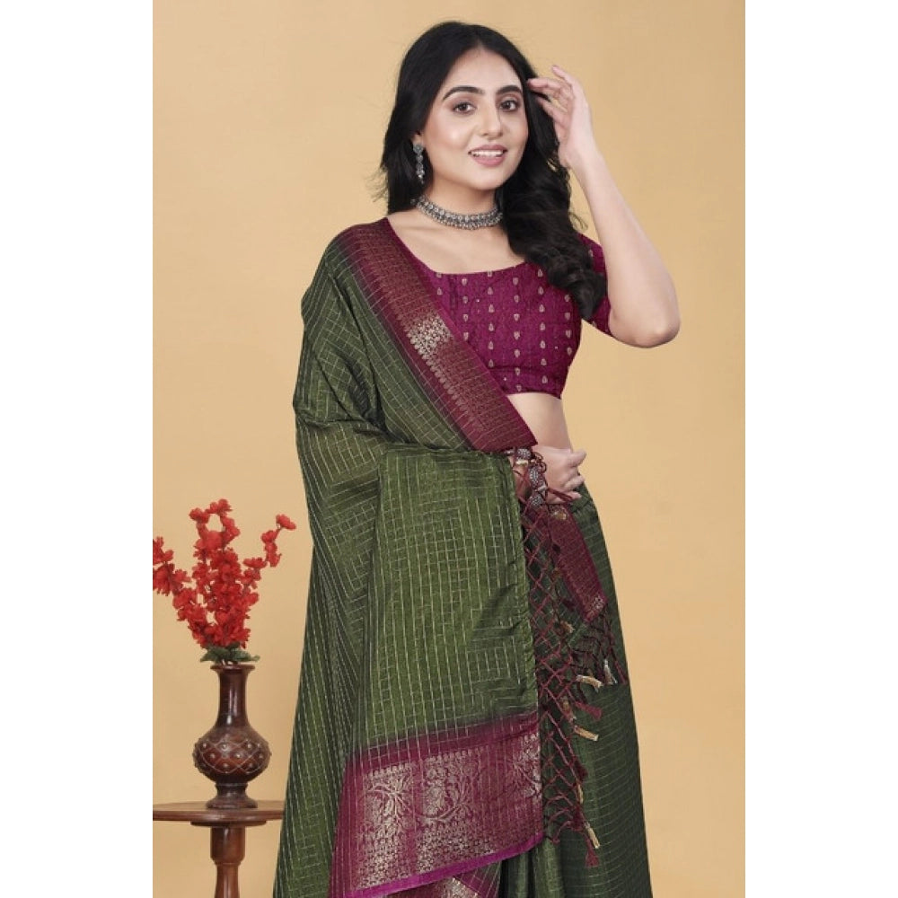 Women's Cotton Blend Checkered Saree With Unstitched Blouse 5.5Mtr (Green)